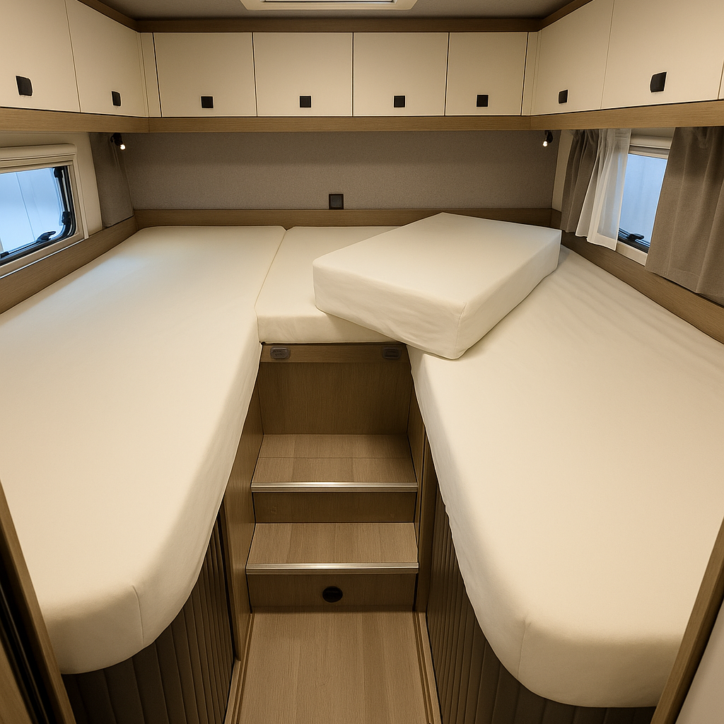 Compact bedroom setup with a bed, storage steps, and skylights in a small living space.