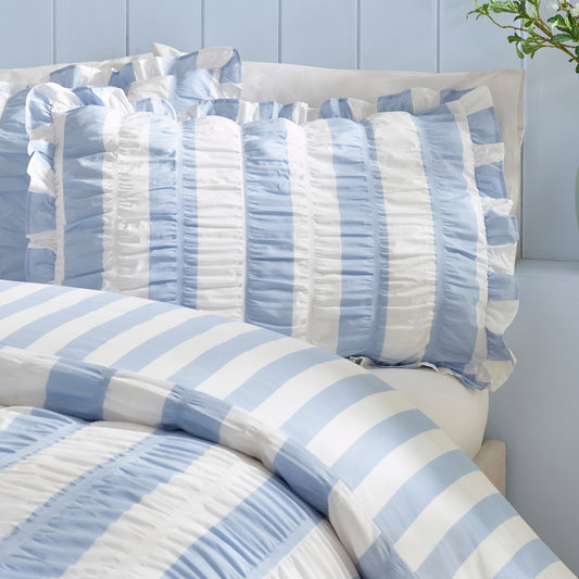 Seersucker Frill Stripe Blue Duvet Set