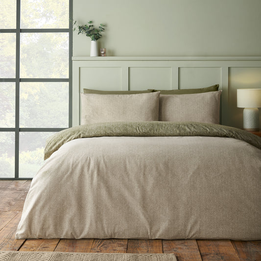 Herringbone Green Duvet Set Brushed Cotton
