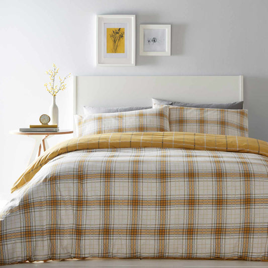 Skye Reversible Tartan Check Ochre Double Duvet Set