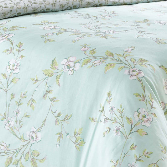 Featuring classic painted flower blossoms in subtle shades of duck egg blue and green