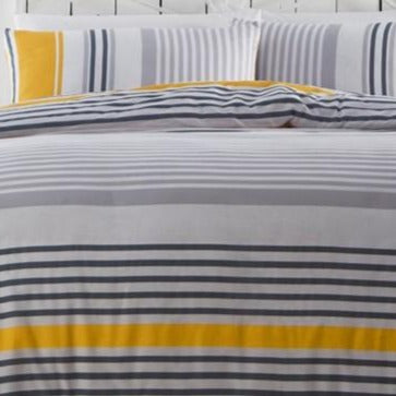 Nautical Stripe duvet set in a bright ochre and grey colour scheme. The reversible bedding is two designs in one, with a top heavy border becoming the bottom border on the revers.