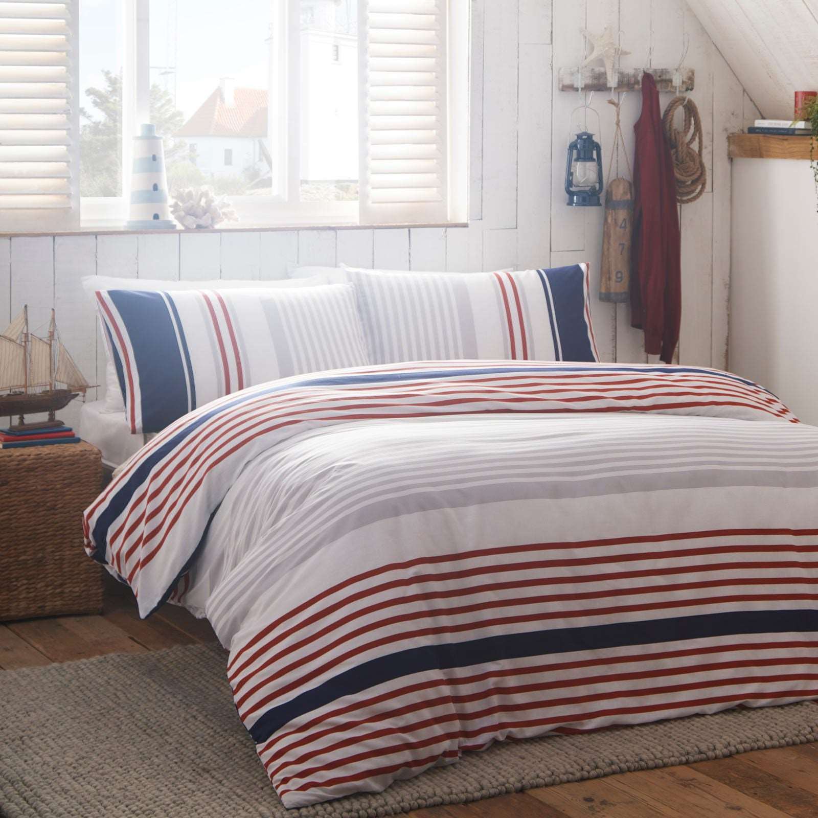 Nautical Stripe Red White & Blue Double Duvet Set