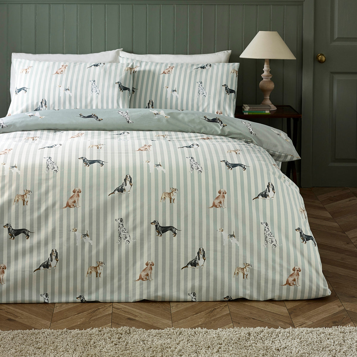 Dog Stripe Green Duvet Set