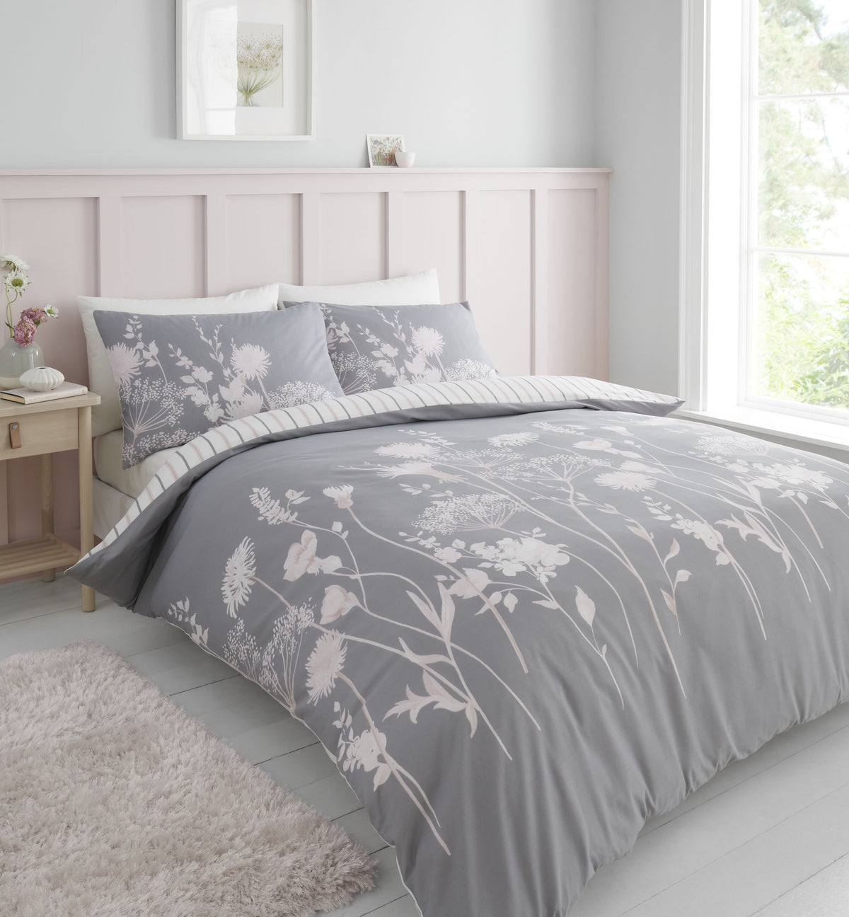 Meadowsweet Floral Pink Grey Duvet Set