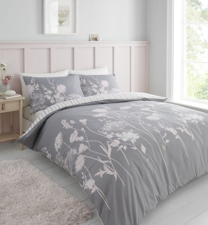 Meadowsweet Floral Pink Grey Duvet Set