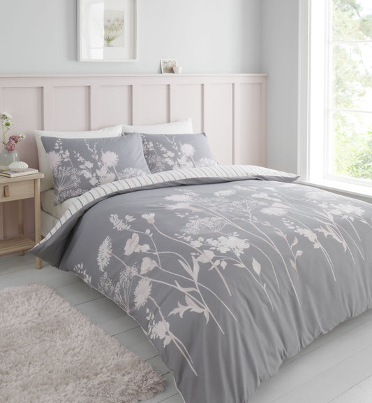 Meadowsweet Floral Pink Grey Duvet Set