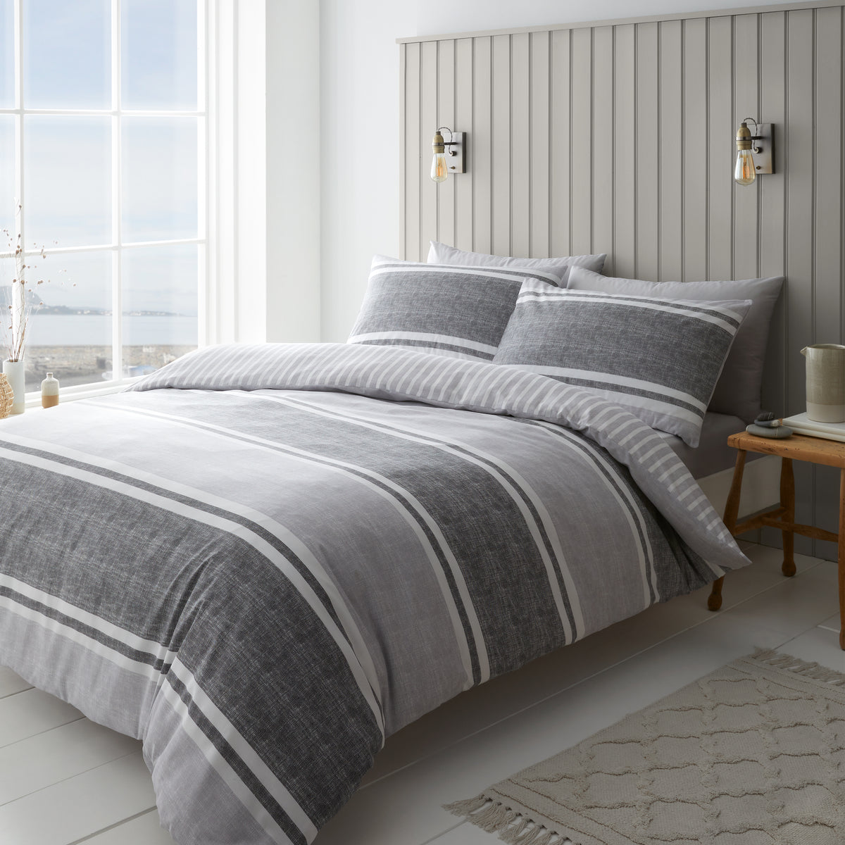 Textured Banded Stripe Charcoal Grey Duvet Set