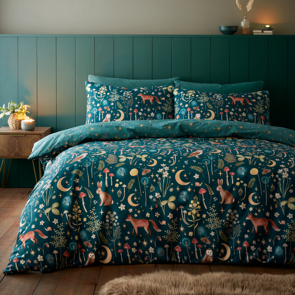 Enchanted Twilight Animals Forest Green Duvet Set