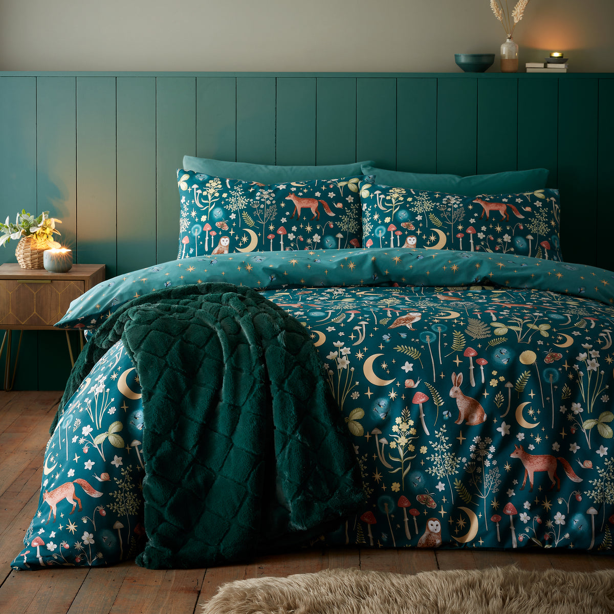 Enchanted Twilight Animals Forest Green Duvet Set