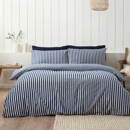 Stripe Navy Blue Duvet Set Brushed Cotton