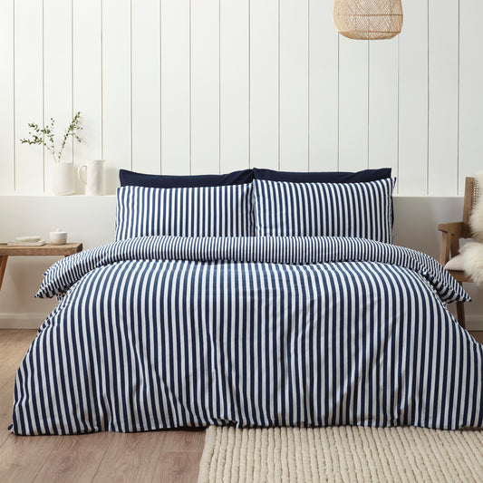 Stripe Navy Blue Duvet Set Brushed Cotton