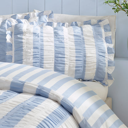Seersucker Frill Stripe Blue Duvet Set