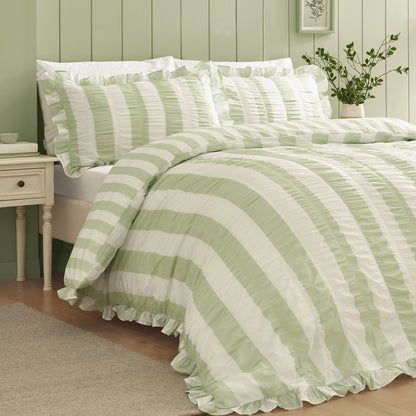 Seersucker Frill Stripe Green Duvet Set
