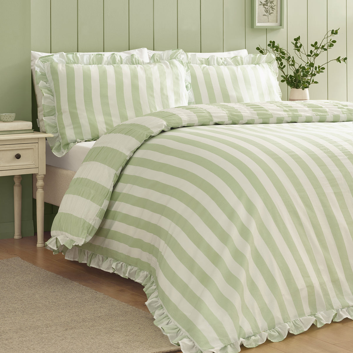 Seersucker Frill Stripe Green Duvet Set