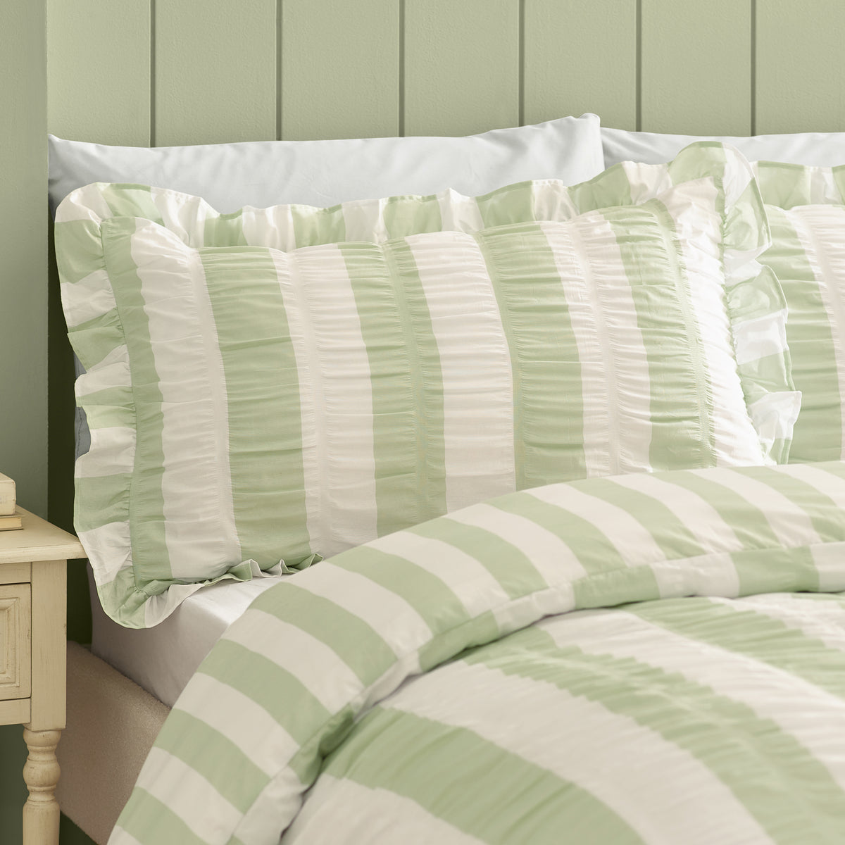 Seersucker Frill Stripe Green Duvet Set