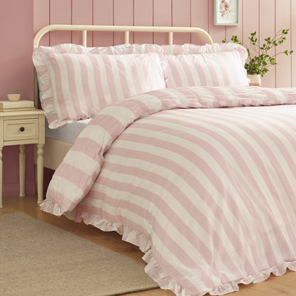 Seersucker Frill Stripe Pink Duvet Set