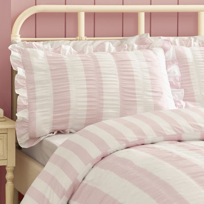 Seersucker Frill Stripe Pink Duvet Set