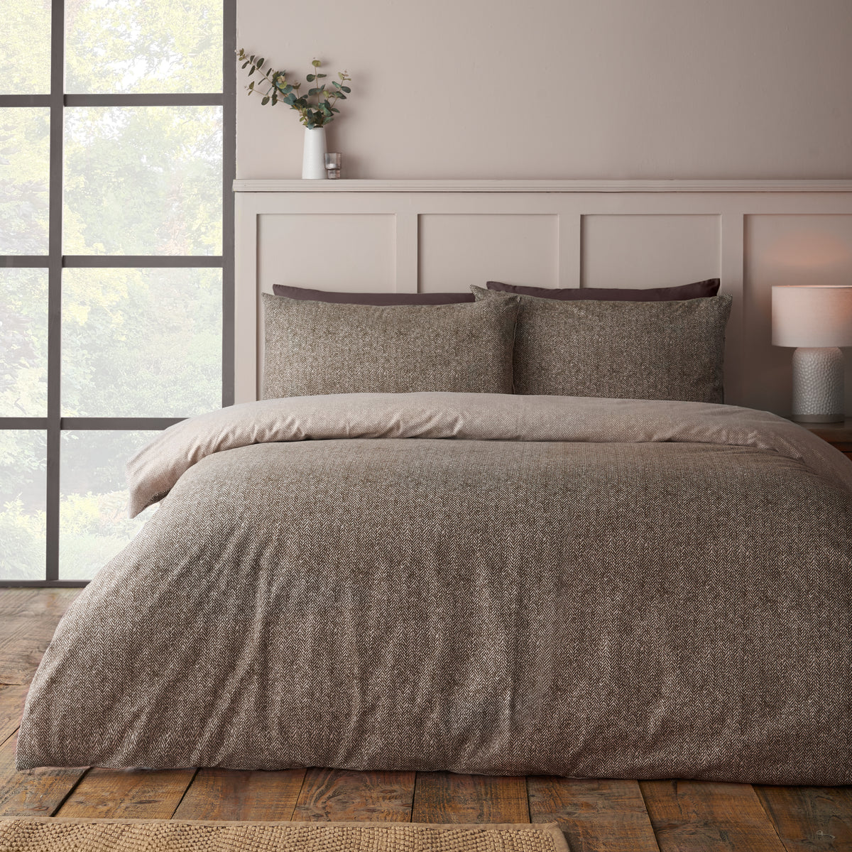 Herringbone Chocolate Duvet Set Brushed Cotton