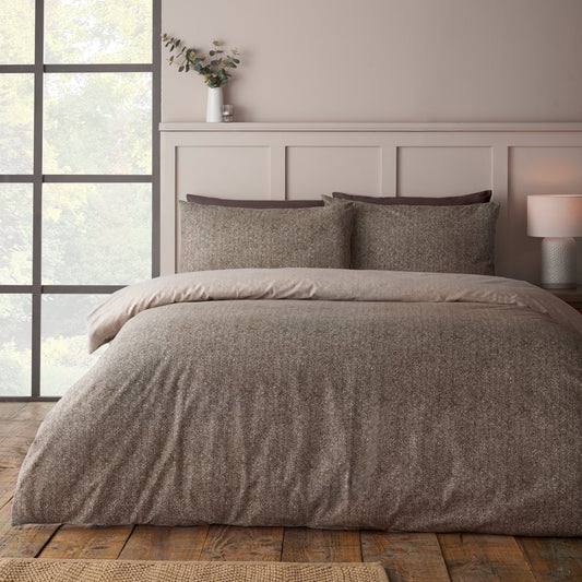 Herringbone Chocolate Duvet Set Brushed Cotton