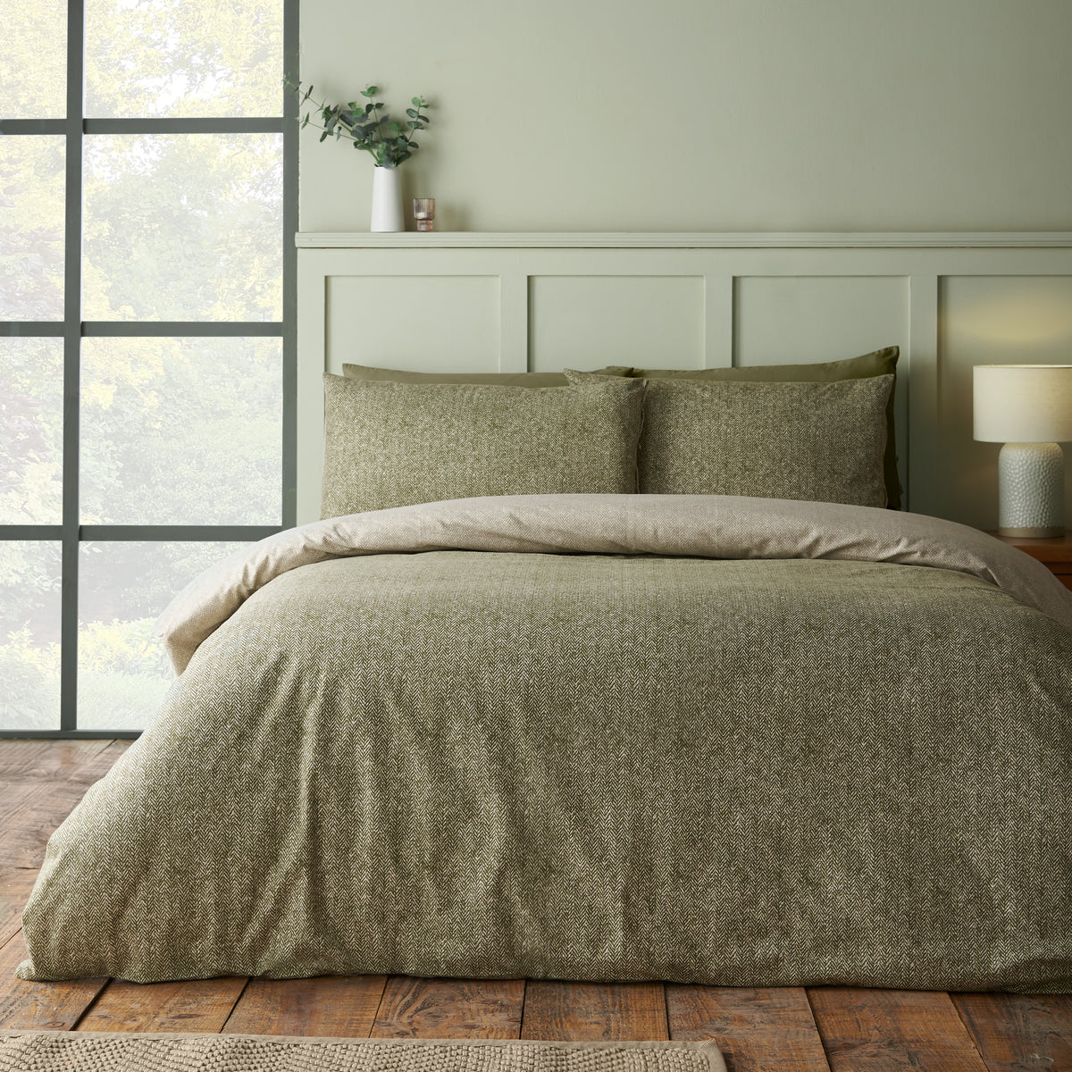 Herringbone Green Duvet Set Brushed Cotton