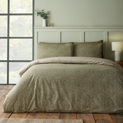Herringbone Green Duvet Set Brushed Cotton