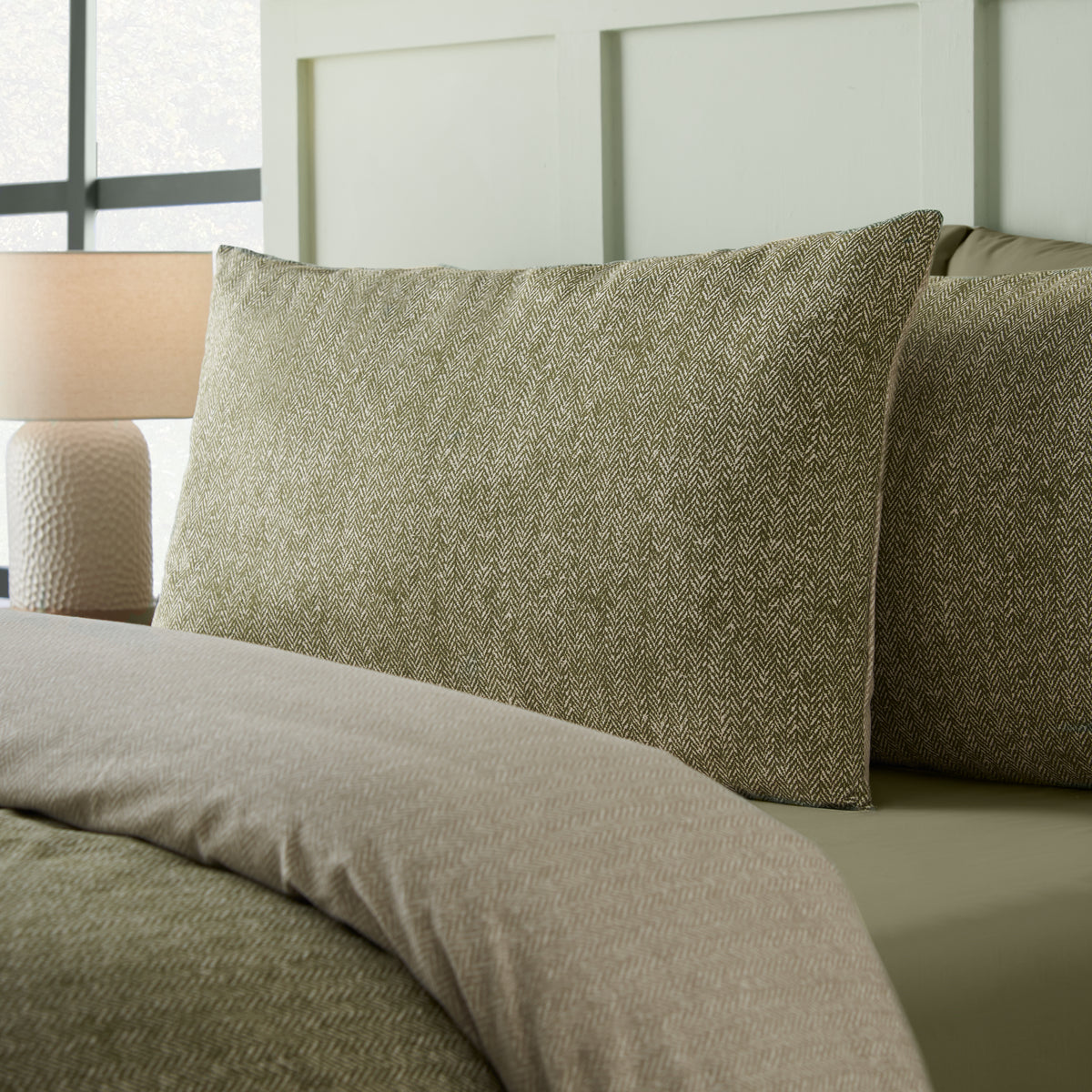 Herringbone Green Duvet Set Brushed Cotton