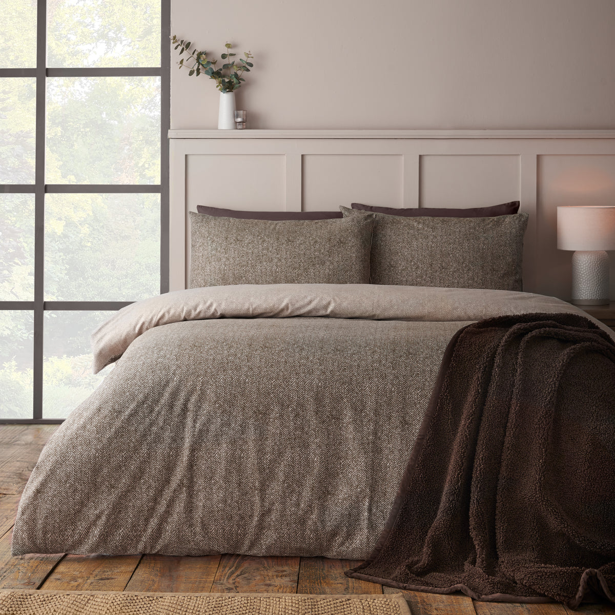 Herringbone Chocolate Duvet Set Brushed Cotton