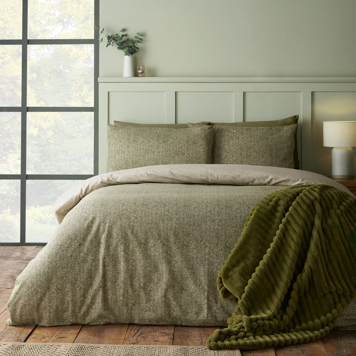Herringbone Green Duvet Set Brushed Cotton