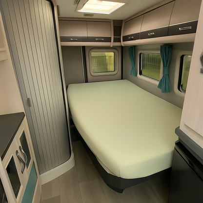 Compact bedroom interior with a bed, cabinets, and small window in a compact living space.