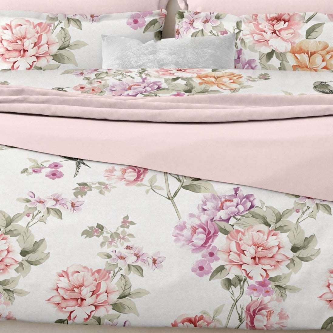 Aubrey by Belledorm double duvet set With soft tones of lilac and pink, on a white background, Aubrey is a large scale floral design that would suit both a contemporary or classic leisure vehicle