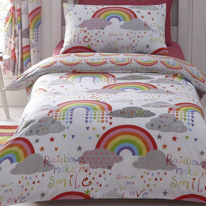 collection of rainbows, clouds, raindrops and stars, all mingling together with happy thoughts and quotes. Brightly coloured on a simple white backdrop