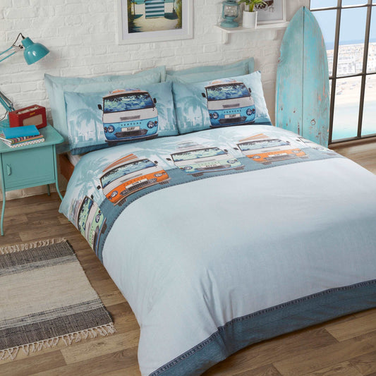 Double campervan bedding. Blue camper on each pillow with more on duvet set
