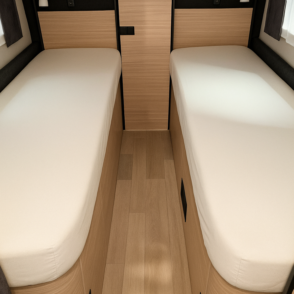 Two bunk beds in a compact living space with wooden paneling.