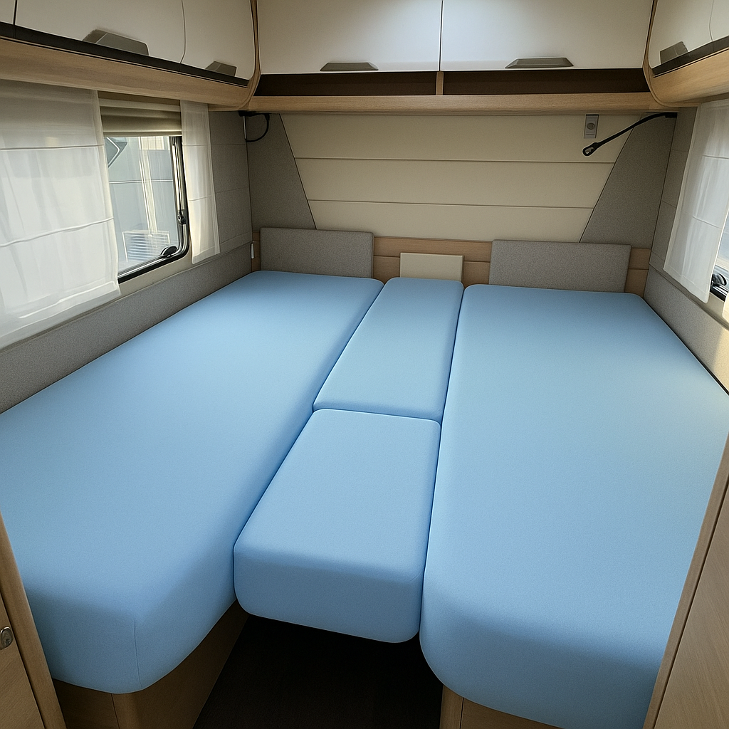 Blue bed in a compact living space with wooden cabinets and a window.