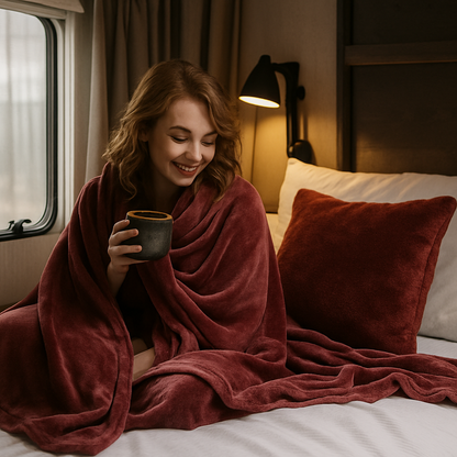 Woman wrapped in a red blanket holding a mug on a bed with pillows, in a caravan