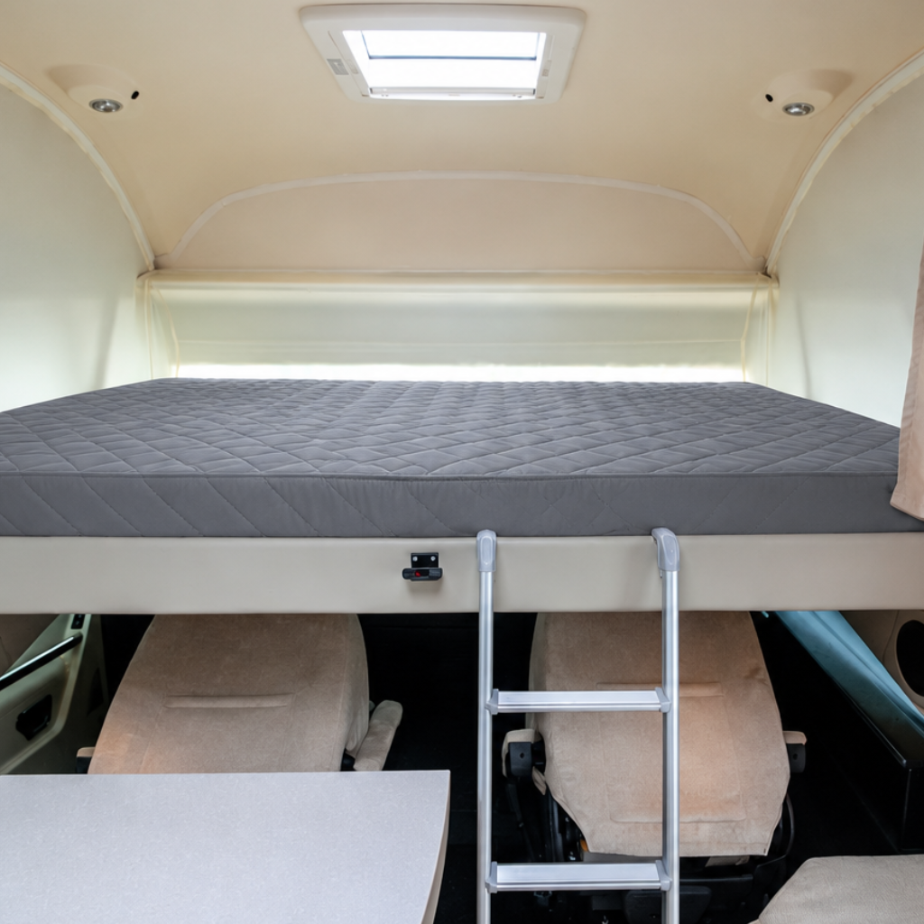 Motorhome drop down bed with grey mattress protector