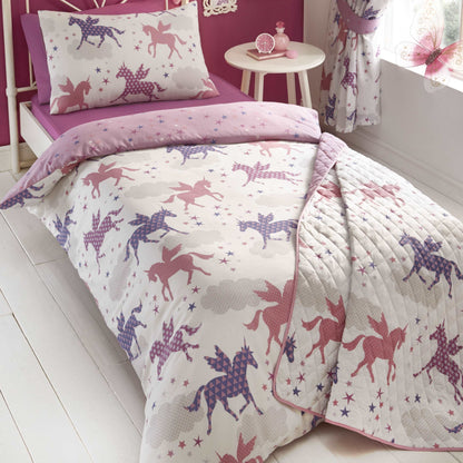  twinkling divine unicorns in delicate shades of pink, silver and lilac. Their elegant wings and mystical horn look majestic in the star and cloud filled crisp white sky