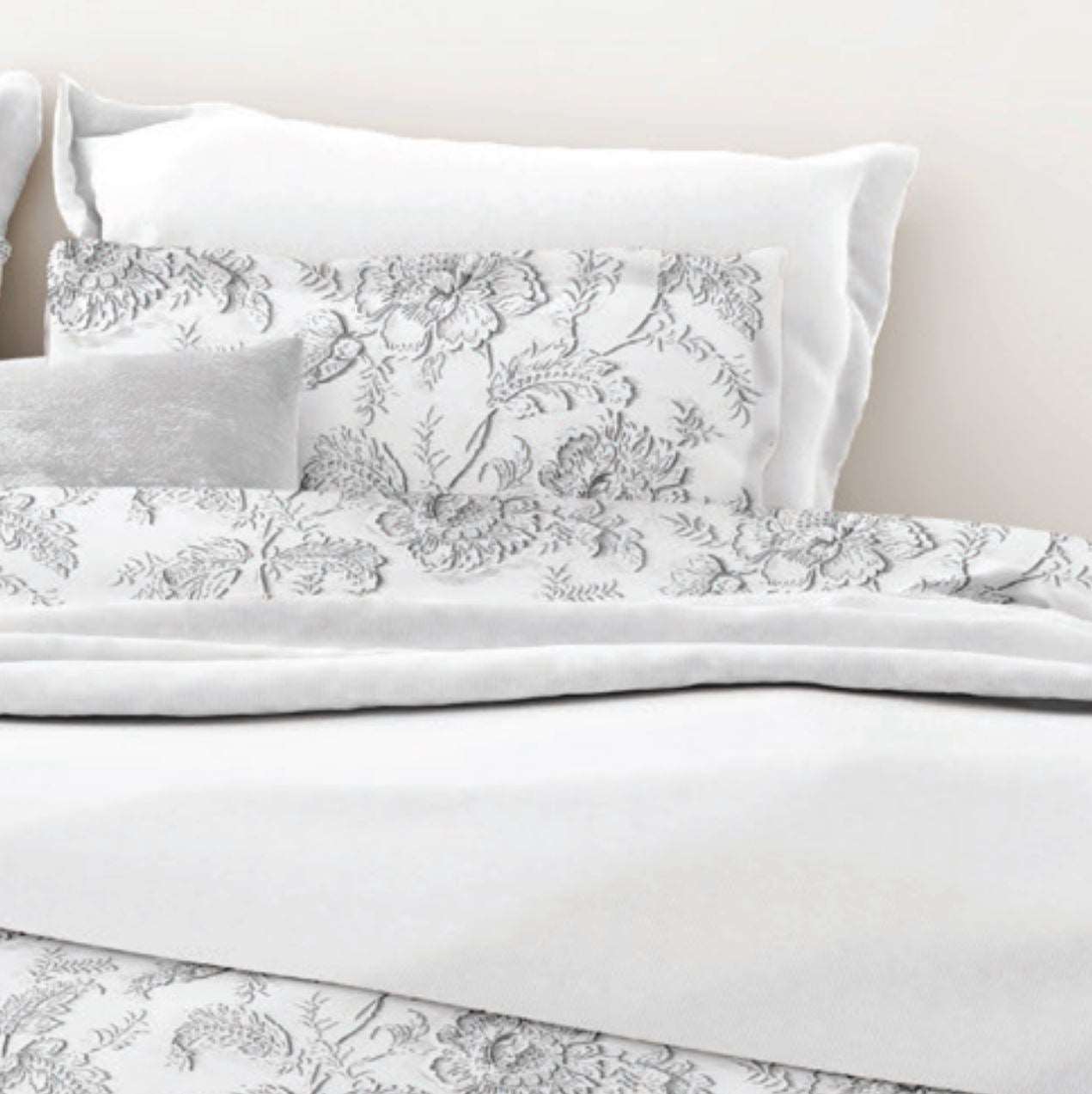 Light grey floral on a white background. Belledorm Ella Range 100% otton duvet set pillow cases