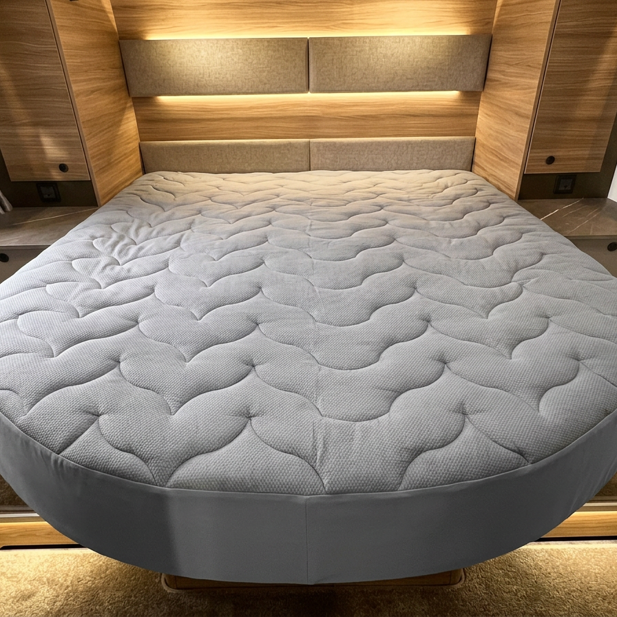 Grey Padded protector on an island shaped bed.