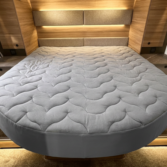 Grey Padded protector on an island shaped bed.