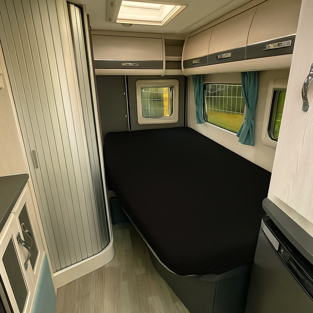 Compact living space with a bed, windows, and storage compartments in a small room.