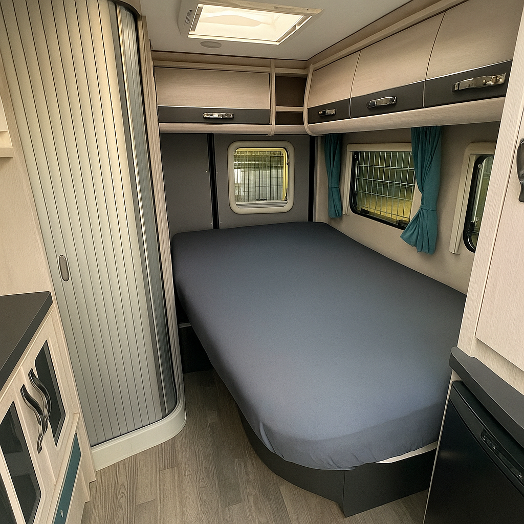 Compact bedroom inside a vehicle with a bed, cabinets, and windows.