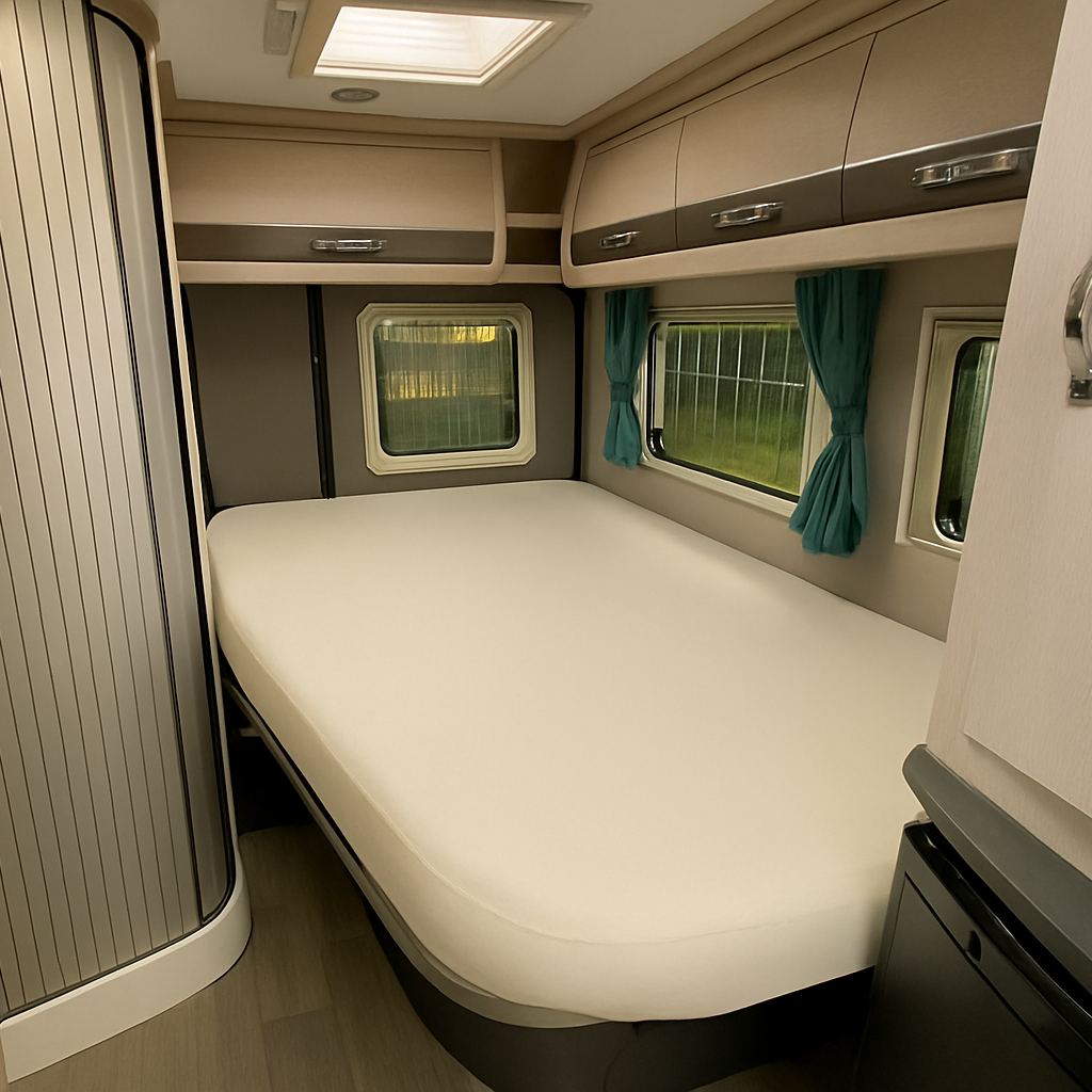 Compact bedroom inside a vehicle with a bed, cabinets, and small windows.
