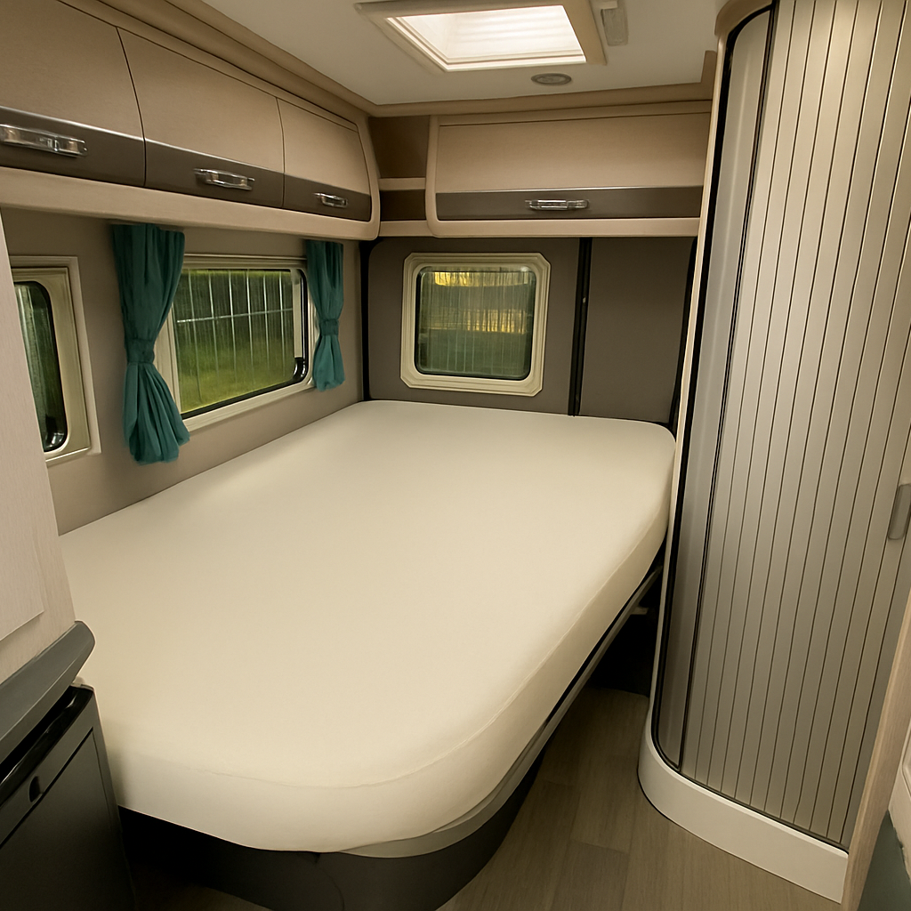 Compact living space with a bed, cabinets, and small windows in a vehicle interior.
