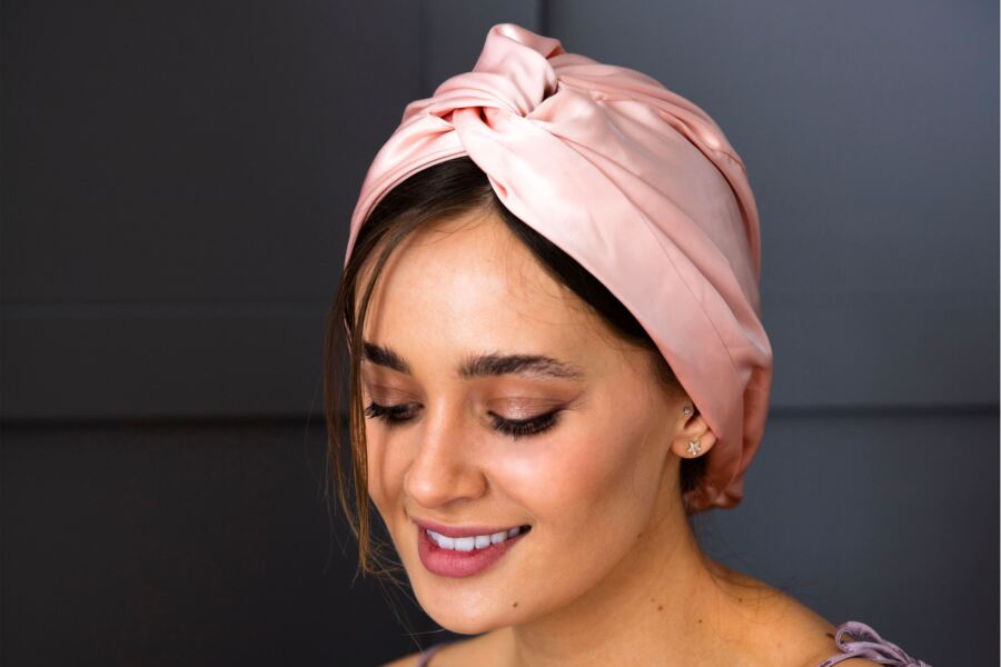 lady wearing silk powder pink turban