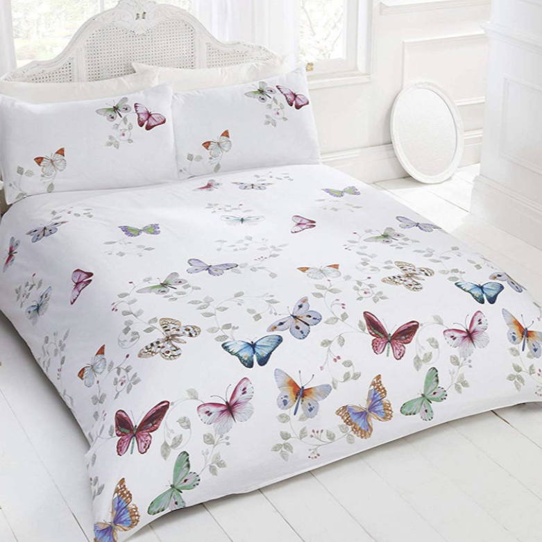 This stunning Mariposa duvet cover features a vintage style butterfly and trailing leaf design. These quilt covers feature shades of pink, purple and green on a crisp white background bringing a fresh approach to any bedroom.