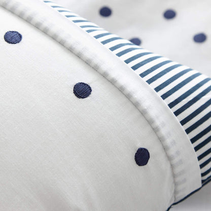 The New England bedding range features a lovely crisp white duvet cover with nautical navy tones of spots and stripe